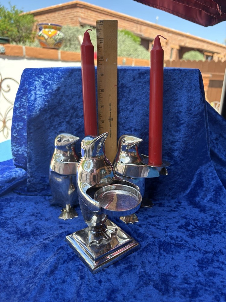 Penguin Top Hat Butler Silver Plated Candlesticks  (2) & Serving Tray W/Shot Cup