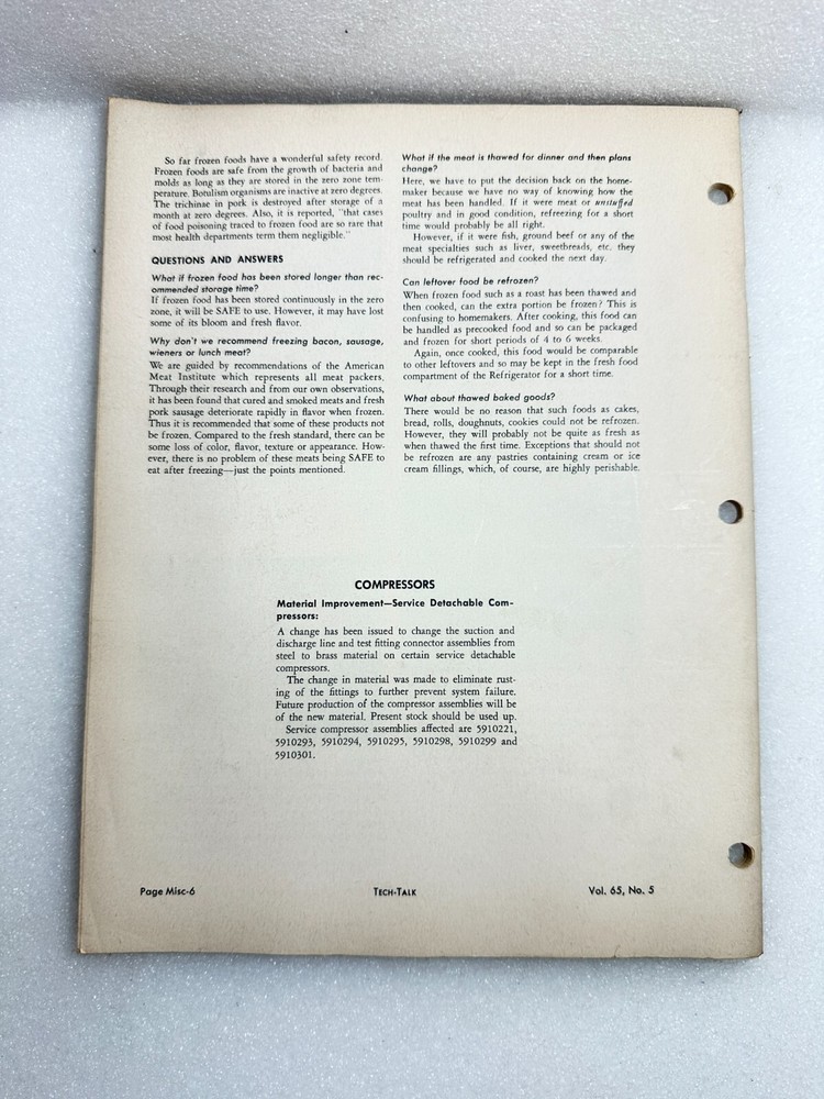 FRIGIDAIRE TECH-TALK MANUAL Misc. Vol. 65 # 5
