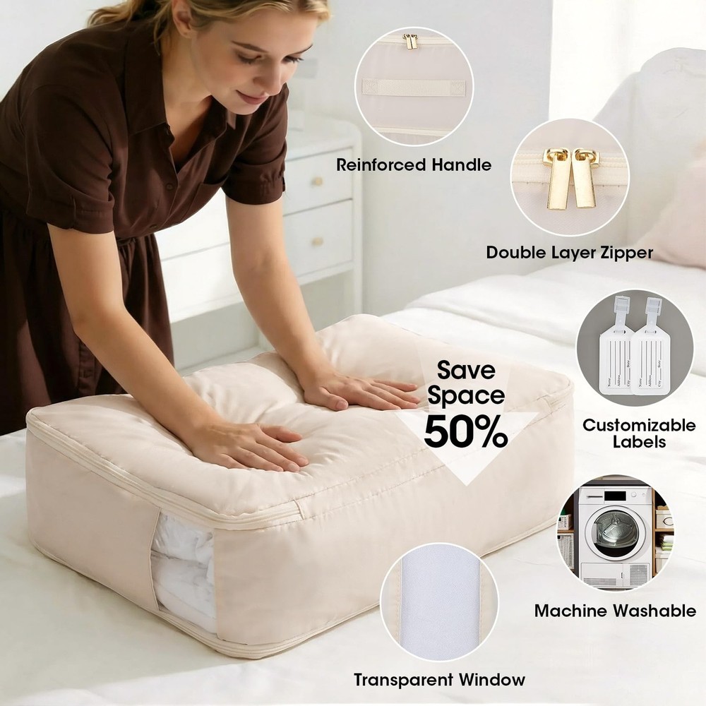 4 Pack Comforter Storage Bag, 68L Blanket Storage Bags Self Compression Comfo...
