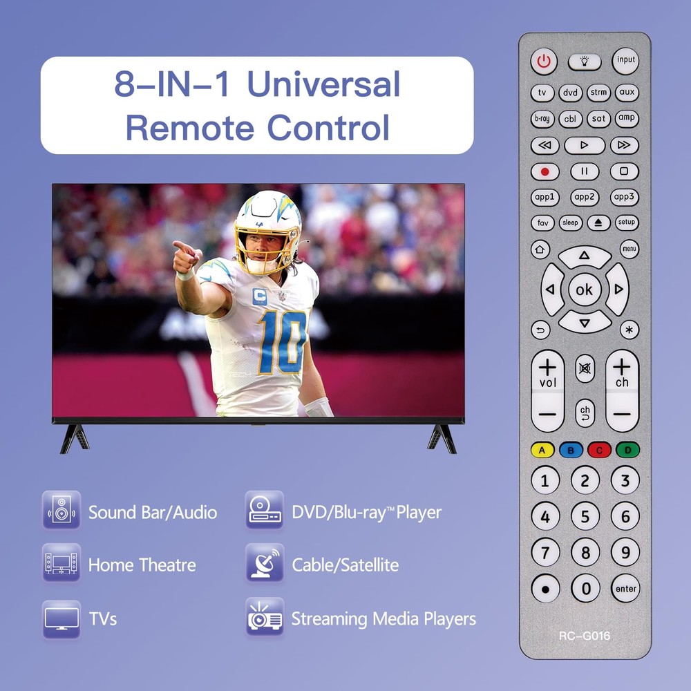 Backlit Universal Remote Control for TVs/Streaming US-G016, gray