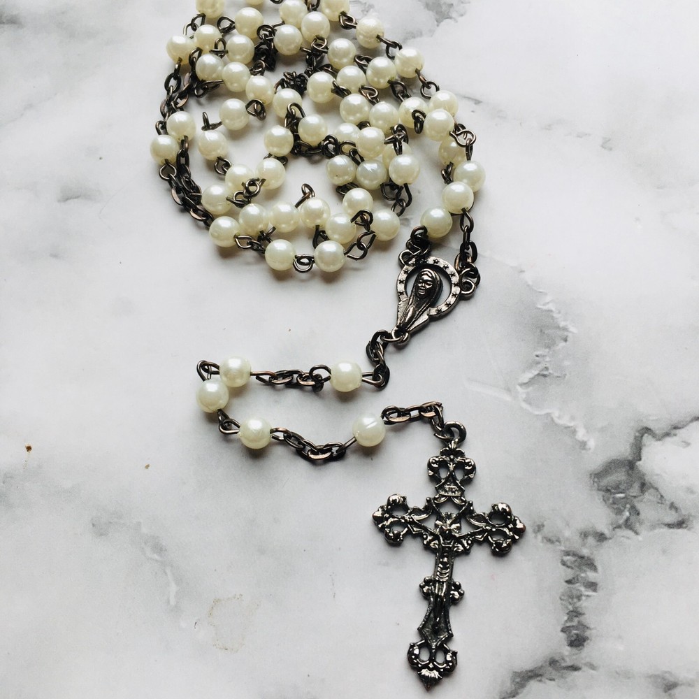 White Beaded Vintage Holy Rosary 20"