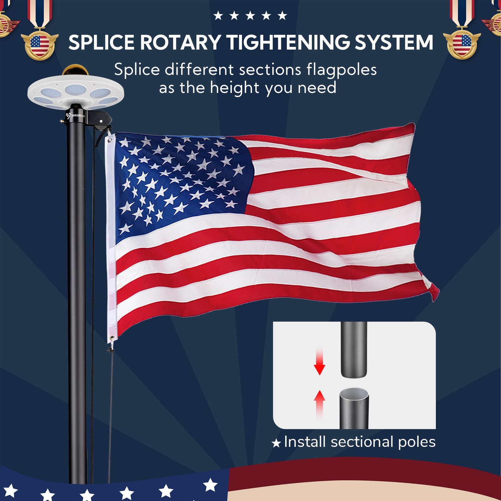 Yescom Bravery 20ft LED Solar Light Sectional Flag Pole Kit Outside Black