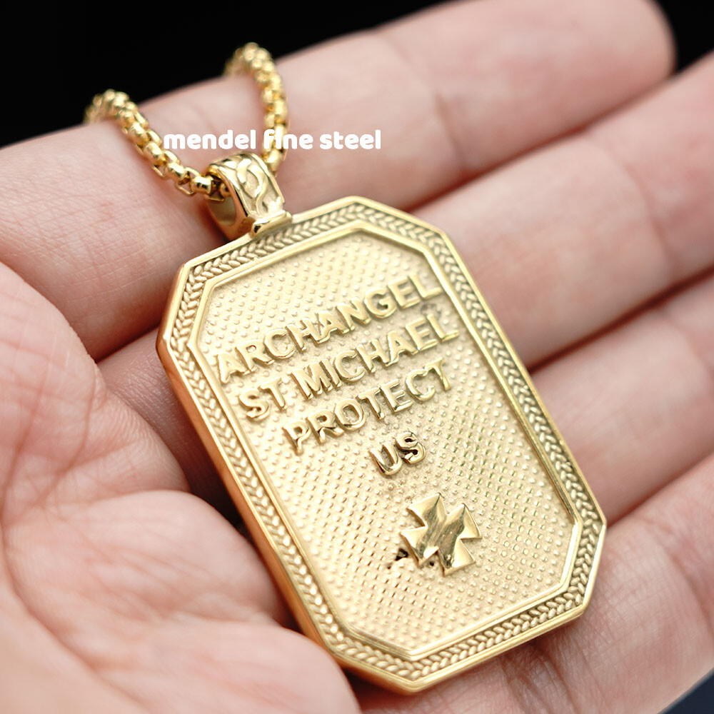 MENDEL Gold Mens St Saint Michael Archangel Medal Medallion Pendant Necklace Men