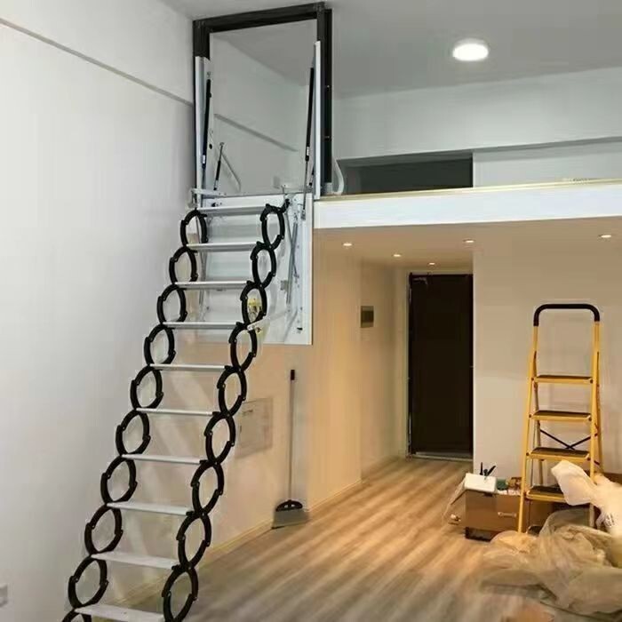 Black Attic Ladder Loft Wall Folding Stairs 9.18ft Side-Mounted Pull Down Ladder