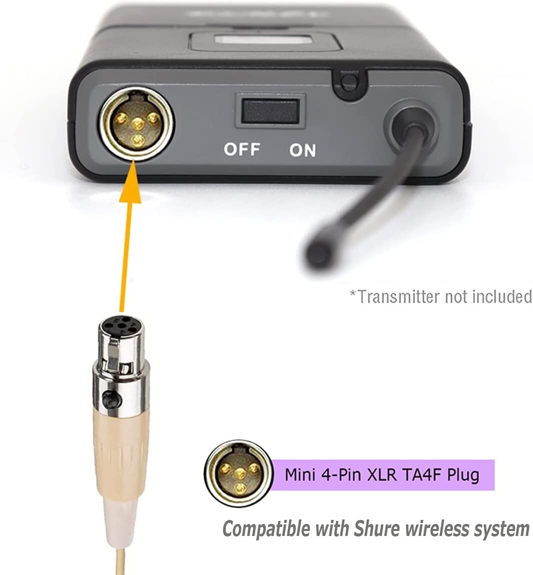 2x Beige Single Earhook Headset mini XLR Microphone for Shure Wireless-TA4F 4pin