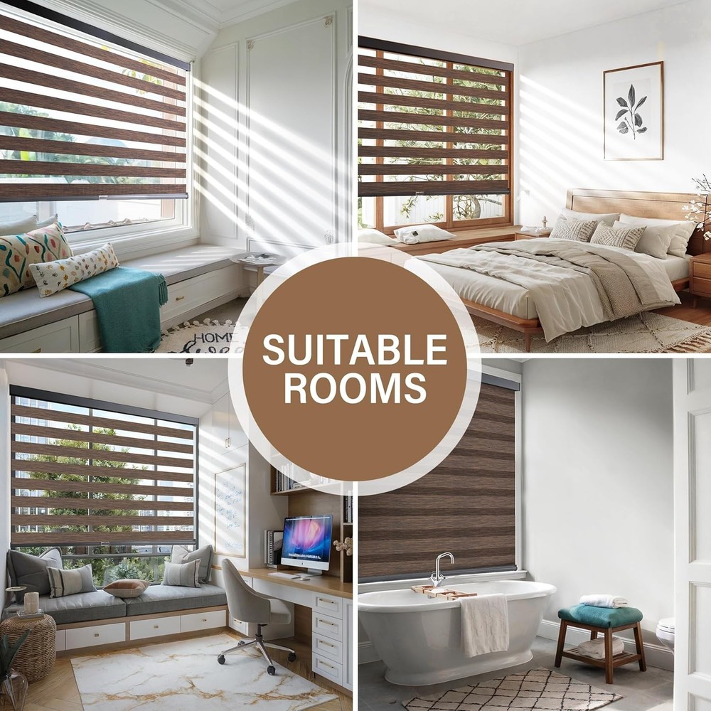 Cordless Zebra Blinds Windows Pull Down Roller Window Shades Dual Layer Light