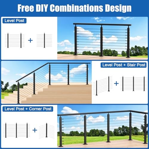 5-10ft Complete Set Cable Railing Post Kit, 2Pack 36" 5-10FT Level Post Kit