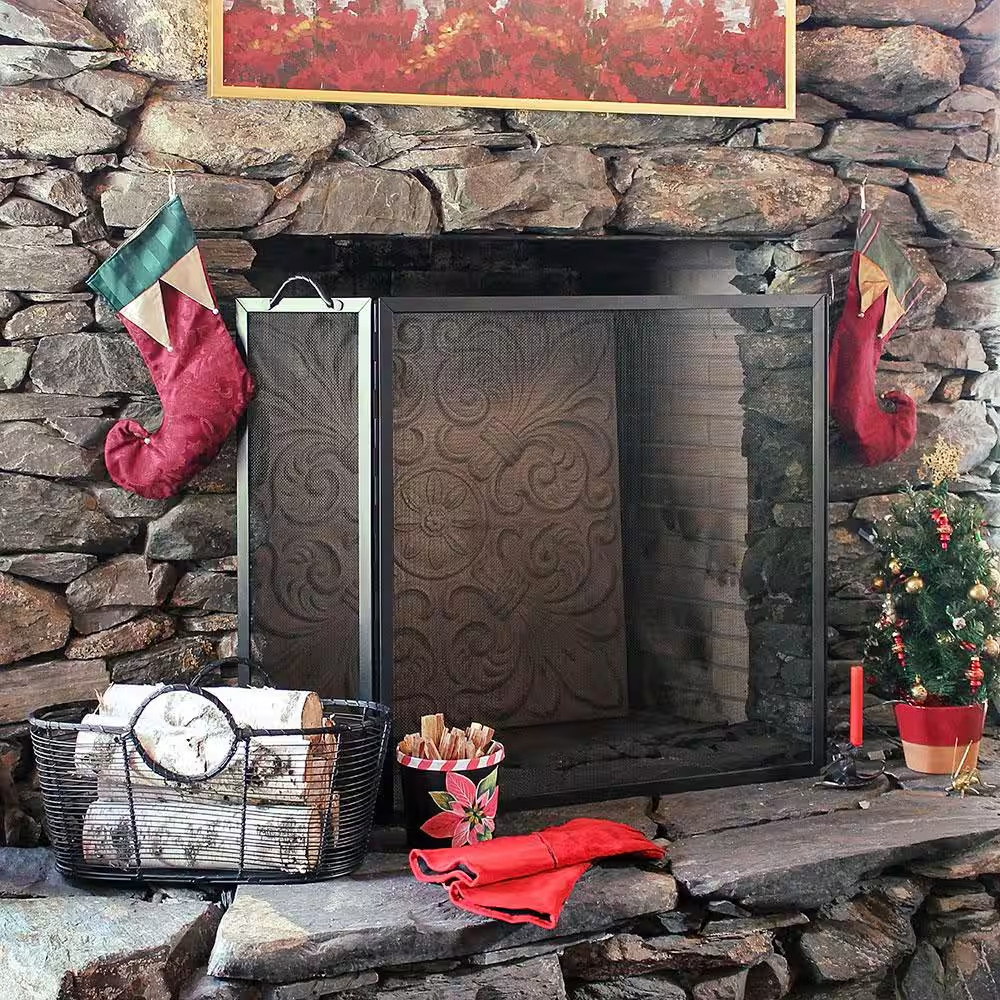 58 In. L Graphite 3-Panel Large Flat Top Twisted Rope Folding Fireplace Screen
