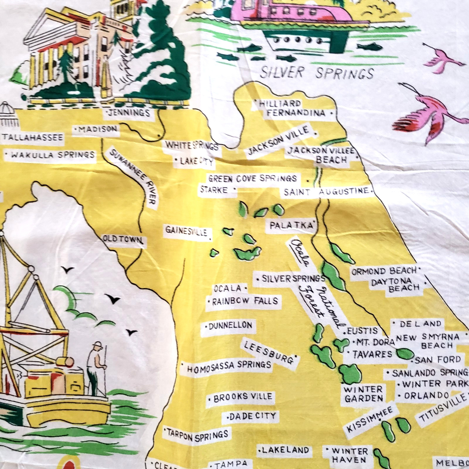 Vintage MCM Florida Map Scarf Rayon Turquoise Blue Hand Rolled Japan 30"X30"