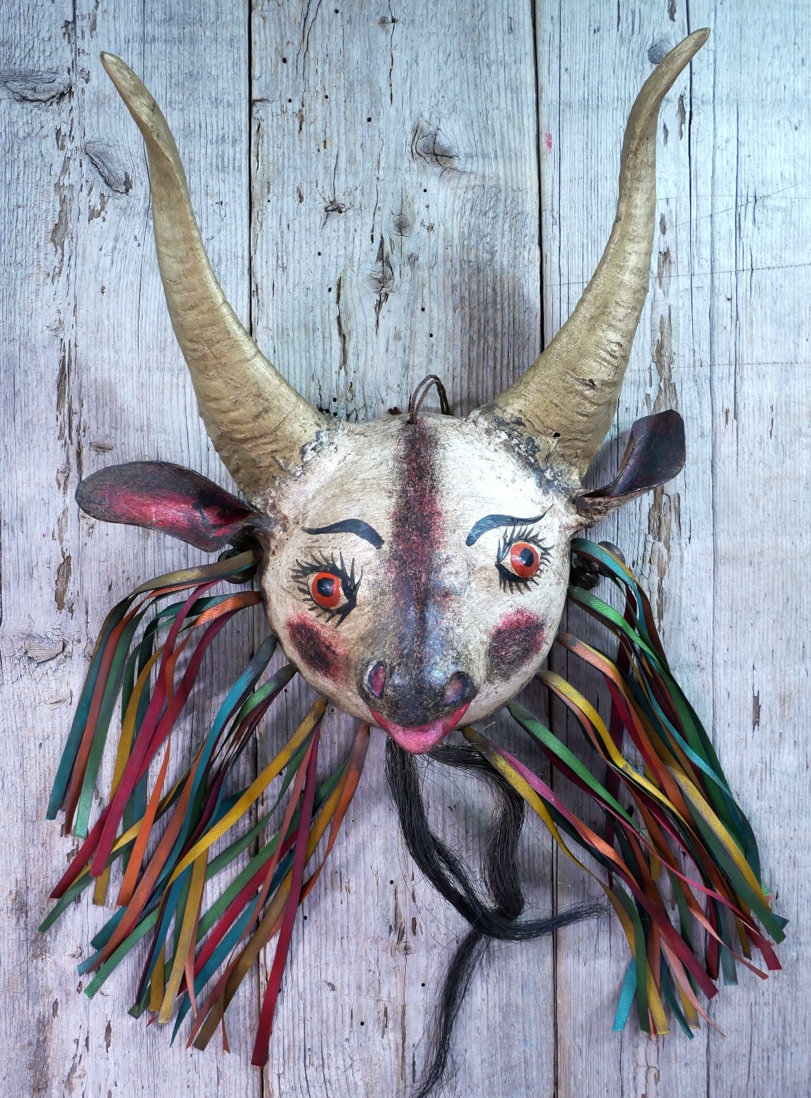 Coconut Goat Mask with Hair Beard Real Horns Handmade Guerrero Mexican Folk Art
