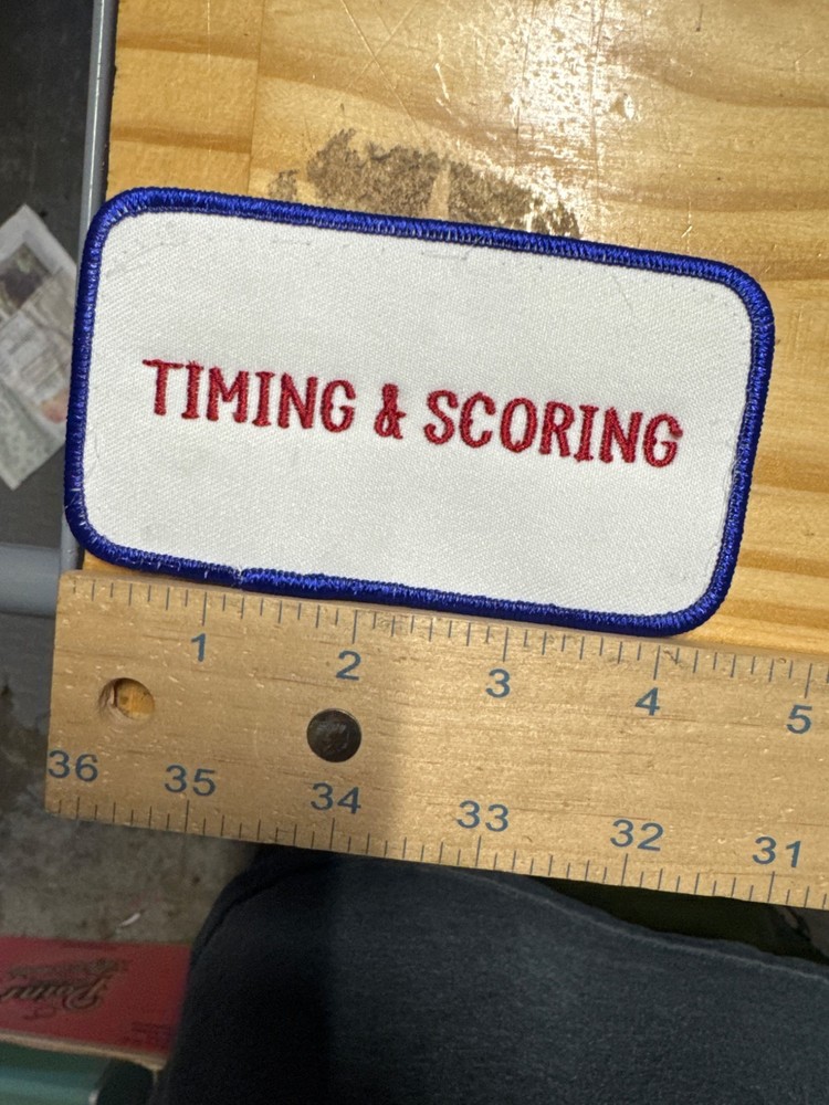 Embroidered Patch Timing & Scoring Red Text White Background Blue Border New
