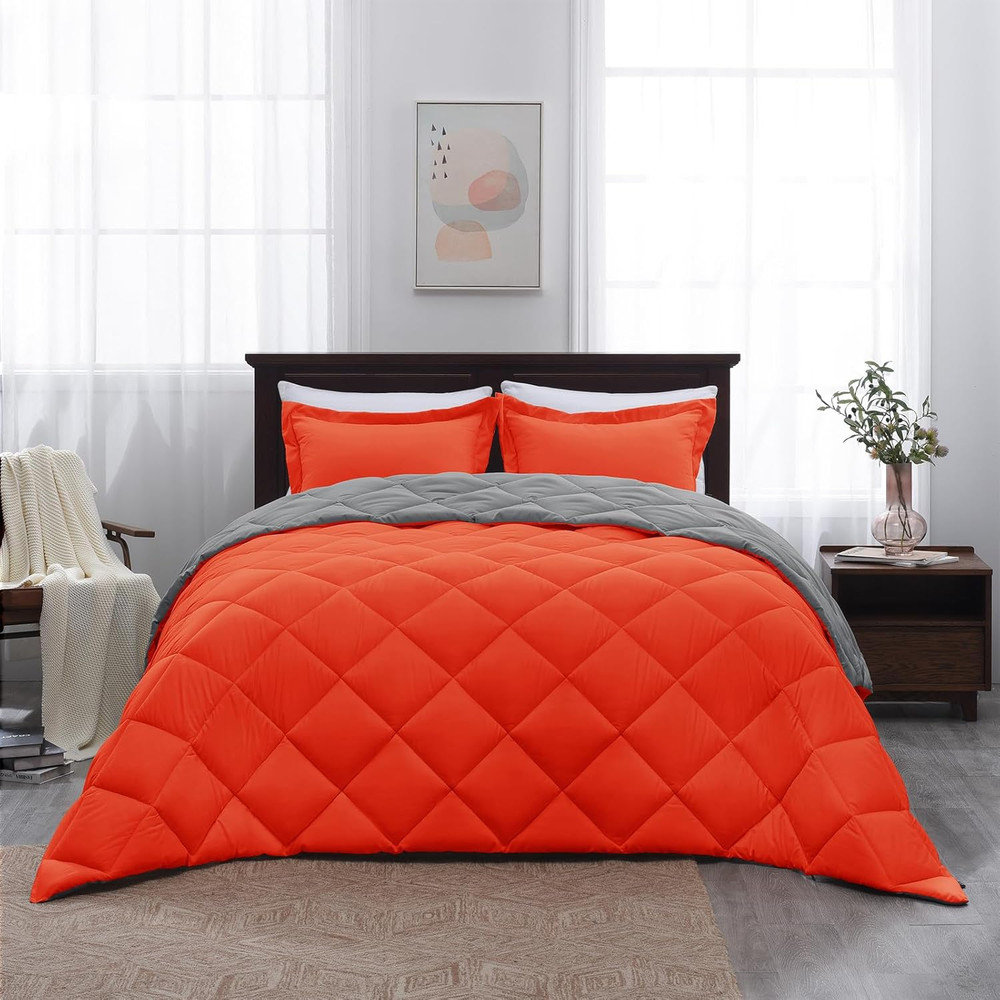 Queen Comforter Set - Orange Comforter Set Queen, Reversible Bed Comforter Queen