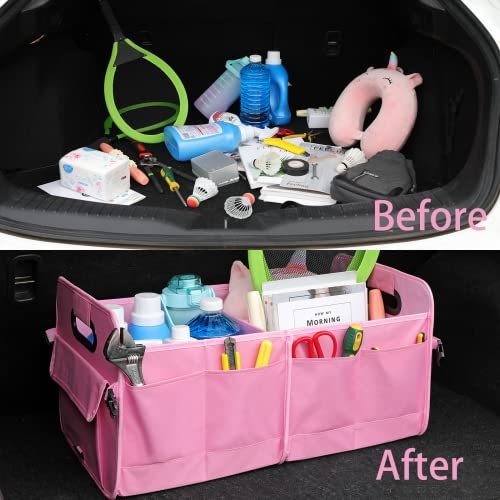 Car Trunk Organizer - Collapsible Multi Compartment Storage with pink