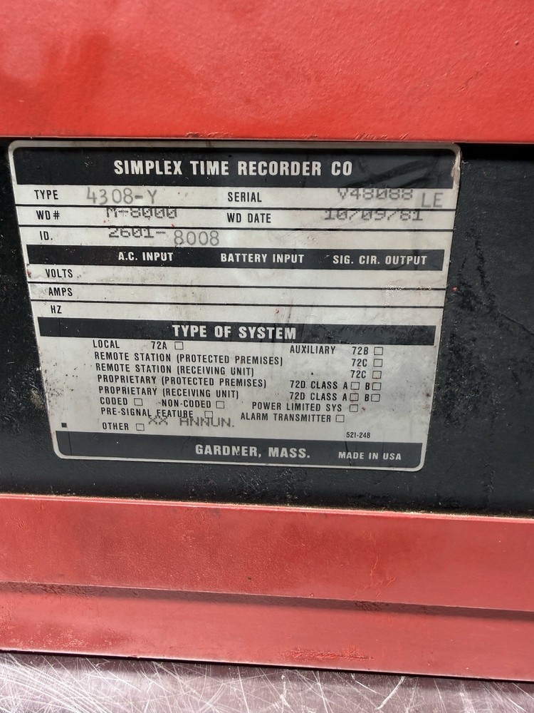 Simplex Time Recorder 4309-y Panel Box