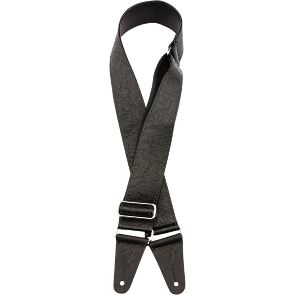 Fender 2" Tooled Leather Guitar Strap, Black with Embossed Floral Pattern