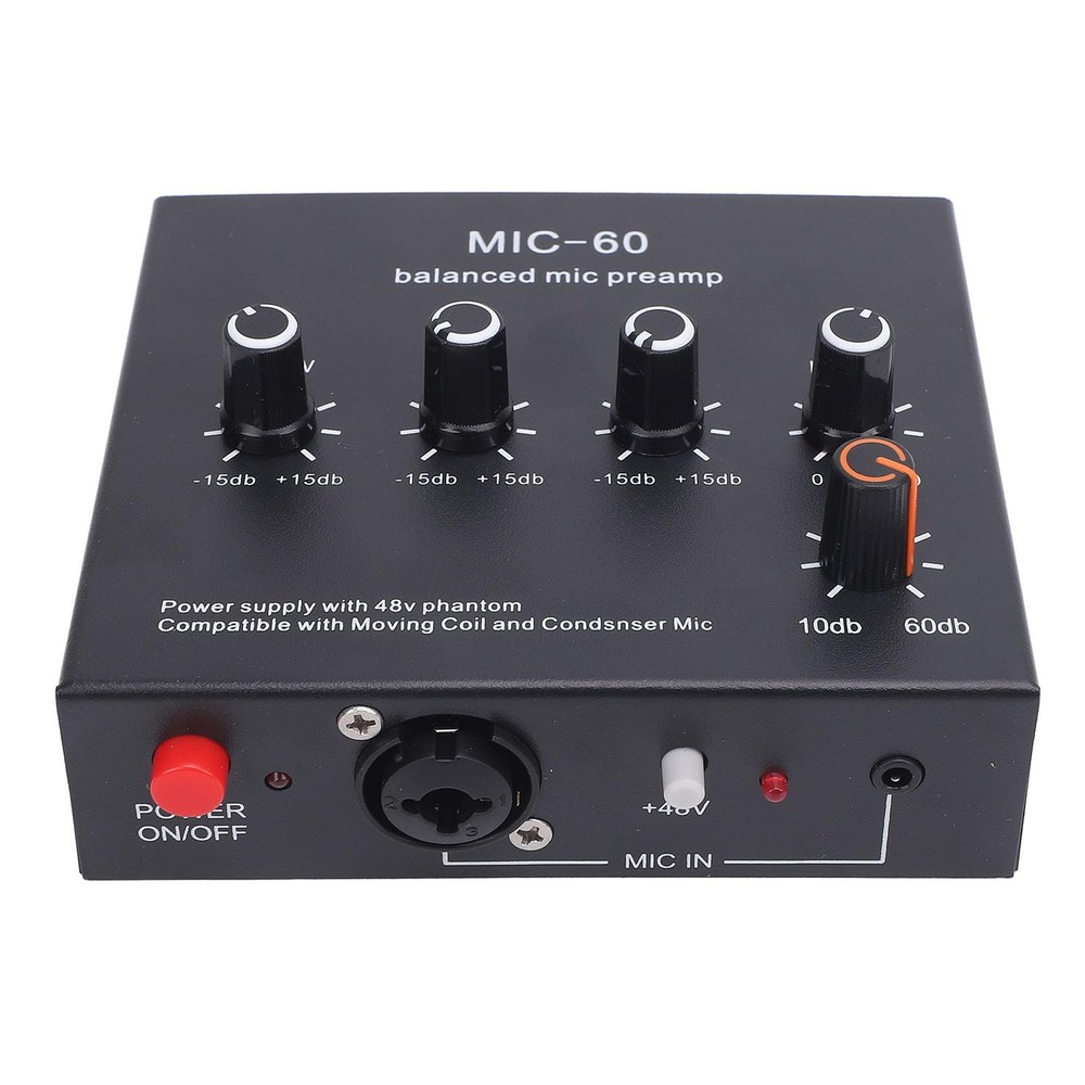 "60dB Microphone Preamp with 48V Power, 3 Inputs, XLR, 3.5mm, 6.35mm Interface"