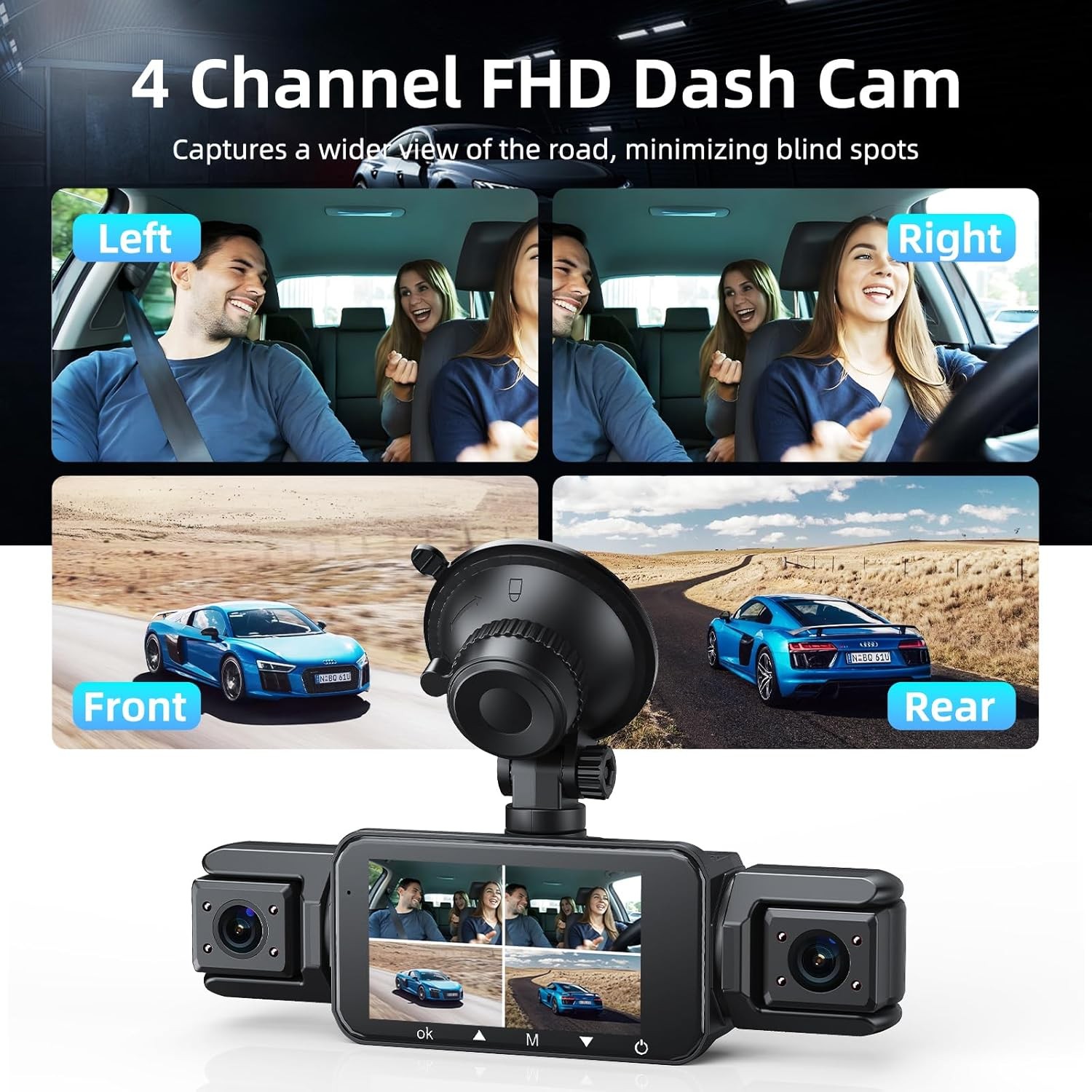 4 Channel Dash Cam 4k Car Camera 360 View WiFi Front Rear Inside Left Right 64GB