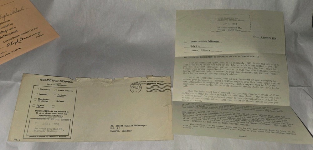 Vintage Selective Service Draft Letter 1954 Illinois