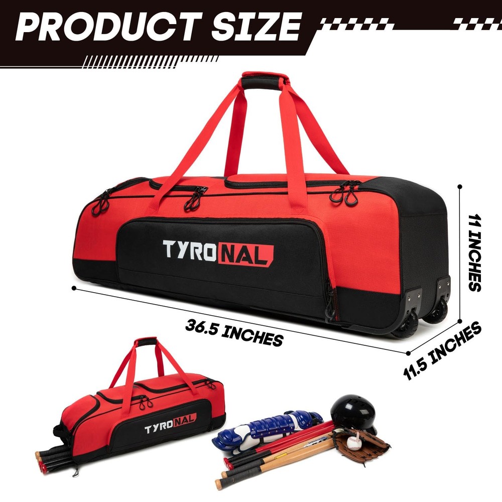 Baseball Bag with Wheels for 4 Bats,Soft Rolling Baseball Bag With Multi-Pock...