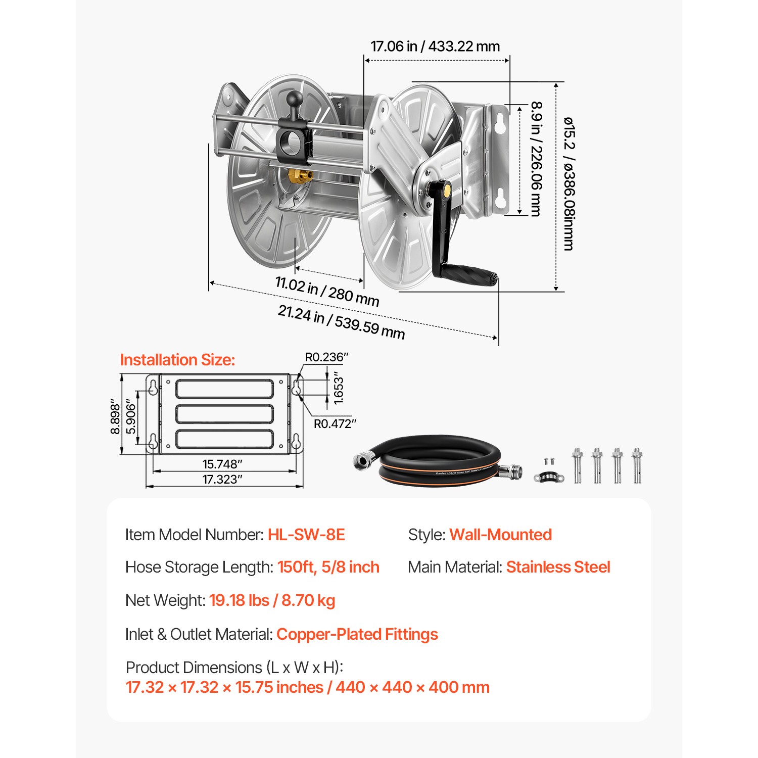 Wall Mounted Garden Hose Reel 150ft 5/8 in Hose Winder