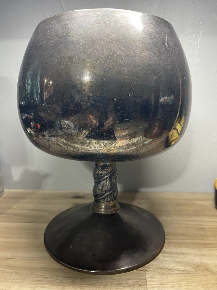 Silver Plated Pedestal Bowl Or Goblet Stem Has Raised Leaf & Grape Design Large
