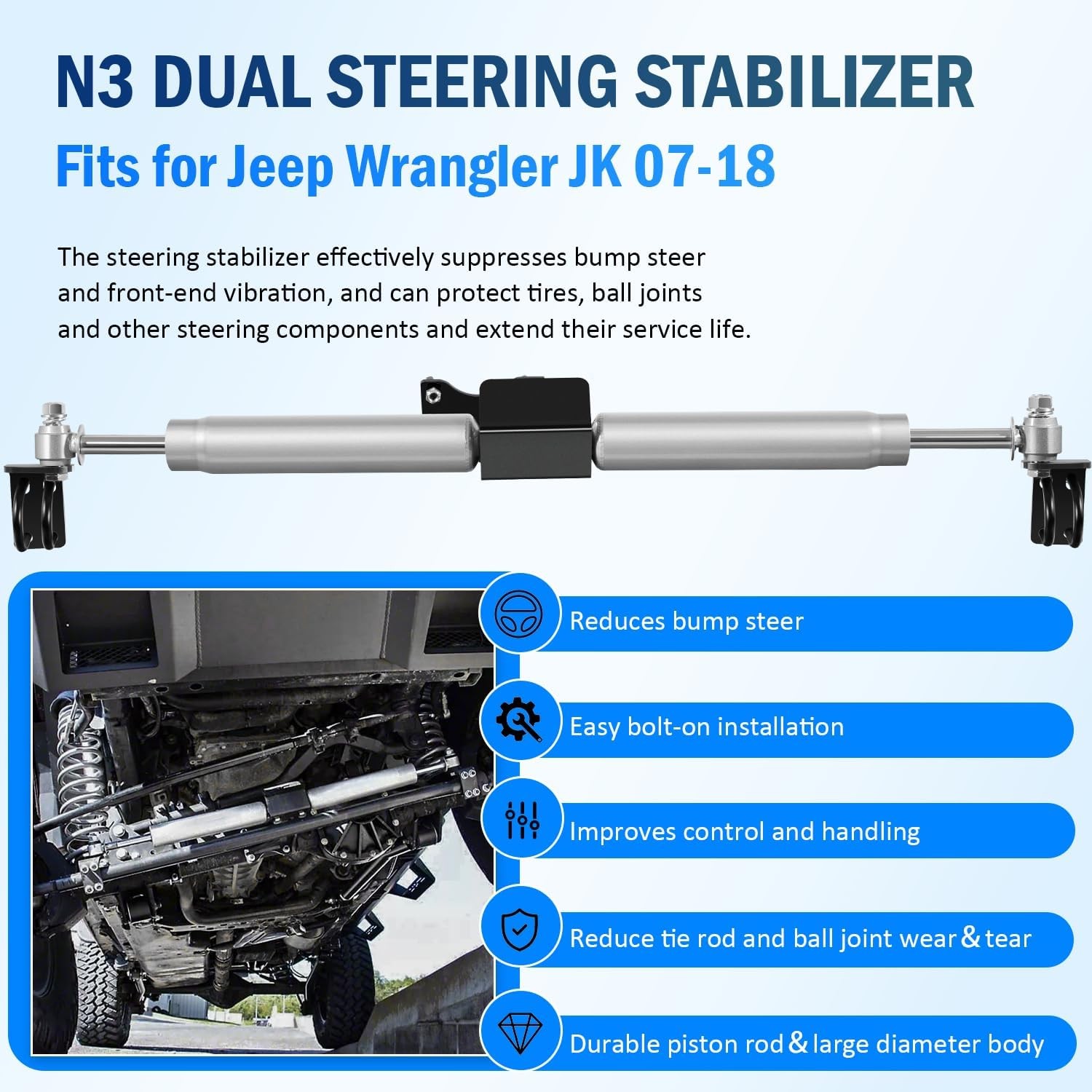 8734930 N3 Dual Steering Stabilizer for Jeep JK Wrangler 2007-2018