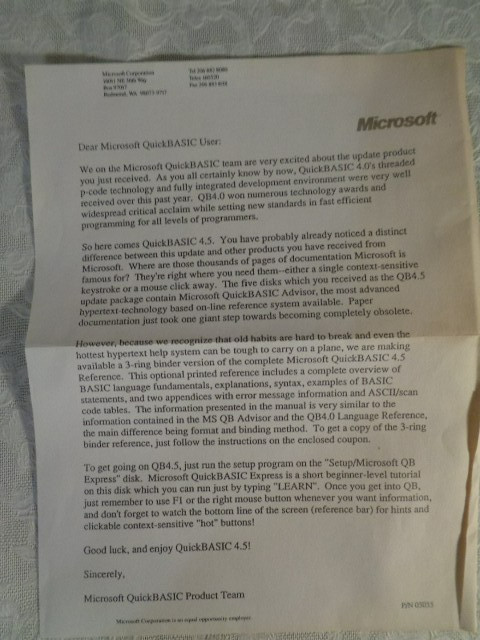 Microsoft Quickbasic 4.5 - 5 Floppy Disc & Material - 1988 - Untested
