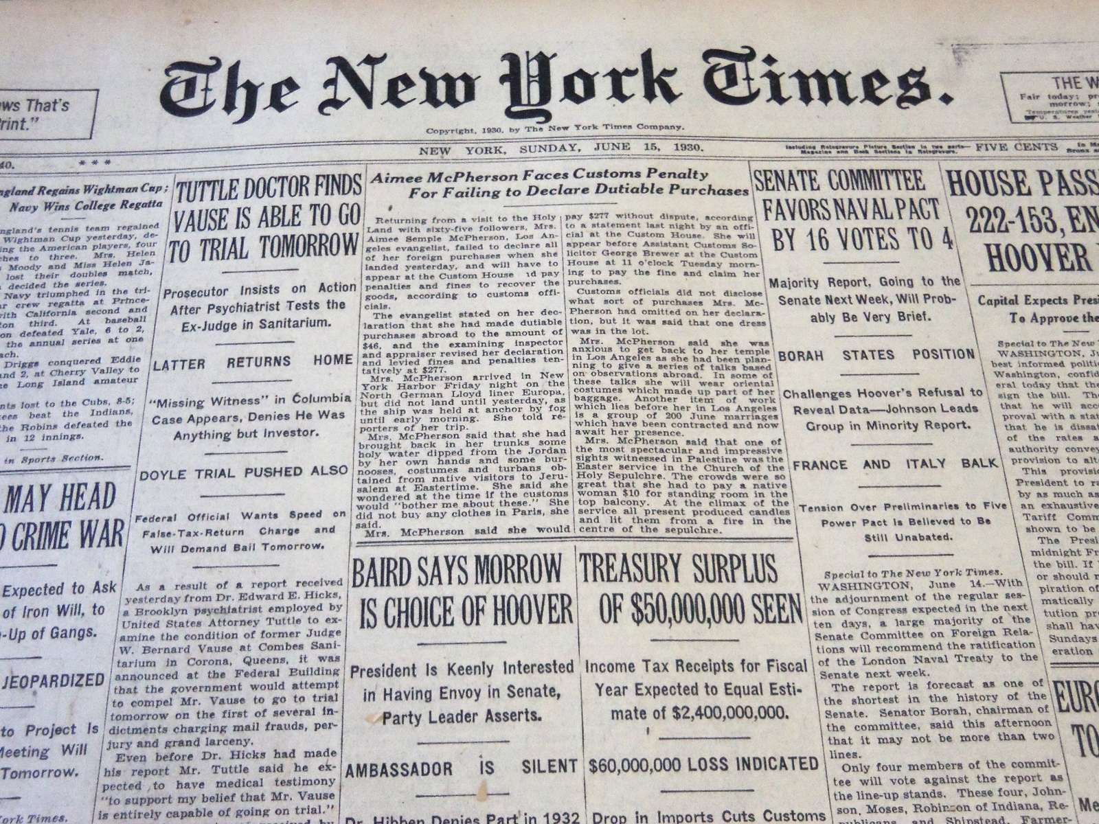 1930 JUNE 15 NEW YORK TIMES - AIMEE MCPHERSON FACES CUSTOMS PENALTY - NT 5716