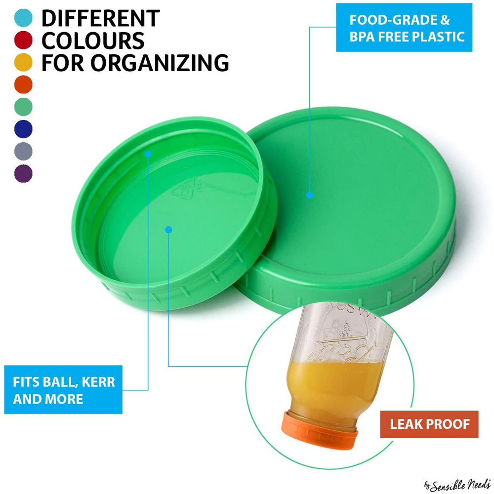Sensible Needs 16 Pack Colored Plastic Storage Lids Mason Jar 8 Regular &Wide
