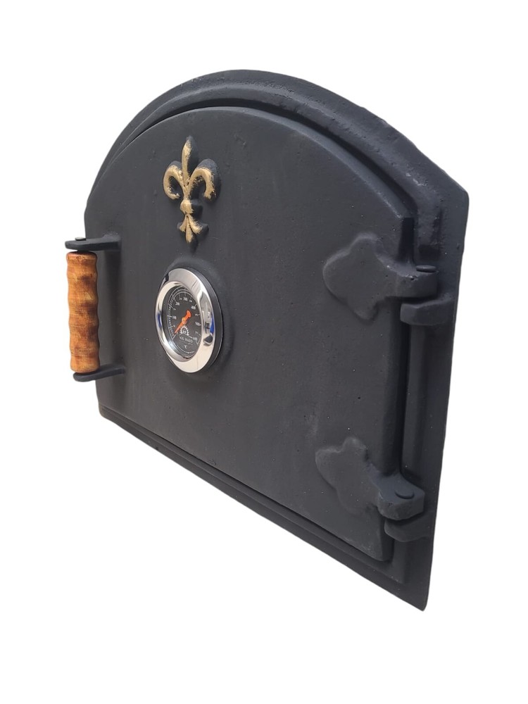 Wood-fired oven door with left handle