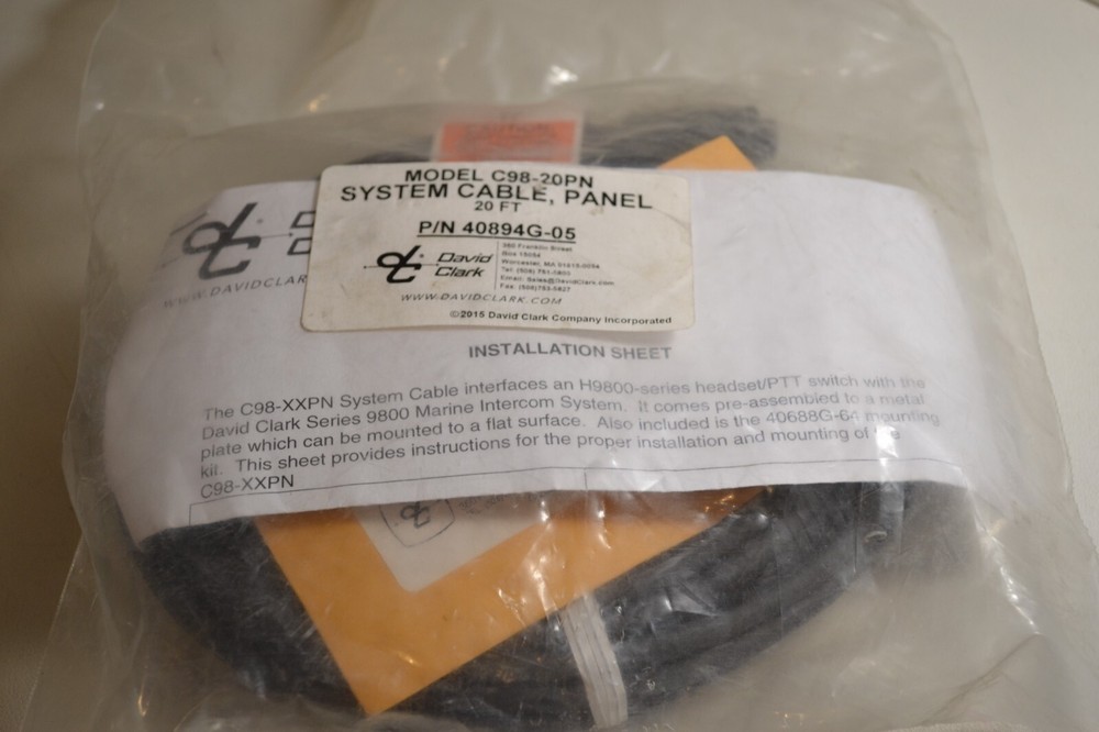 David Clark C98-20PN System Cable, Panel p/n 40894G-05 System Panel Mount