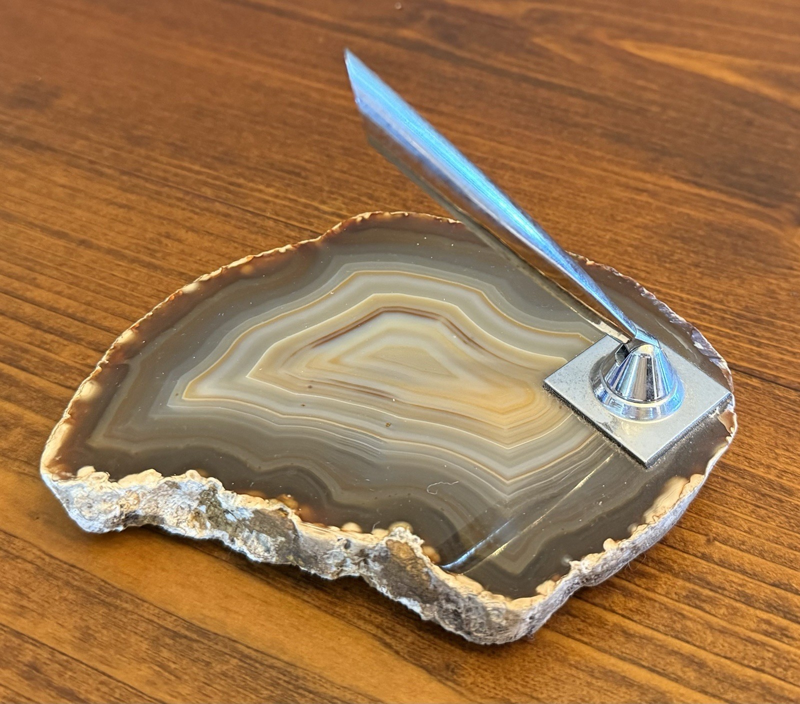 Vtg Polished Agate Slice W/Layers Desk Pen Holder W/Felt Bottom Rock Rimmed GC