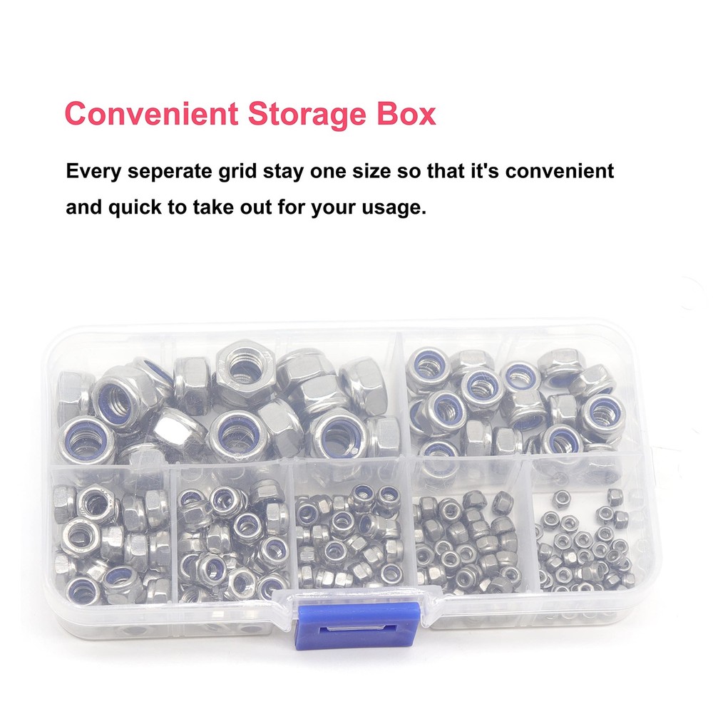 210pcs Nylock Hex Self Locking Nuts Assortment Kit Nylon Inserted Nuts 304 St