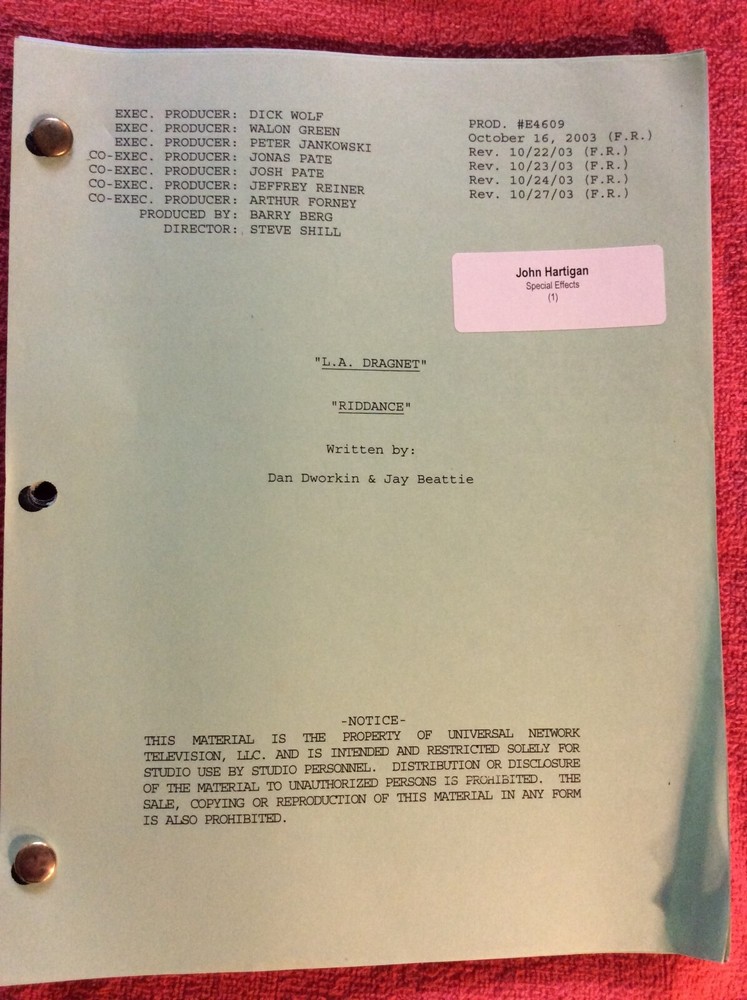 ORIGINAL SCRIPT L.A. DRAGNET RIDDANCE ED O'NEILL EVA LONGORIA ETHAN EMBRY
