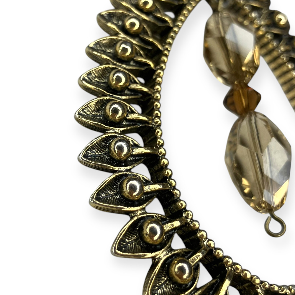 Boho Worn Gold Tone Large Open Teardrop Beaded Pendant Statement 18" Necklace