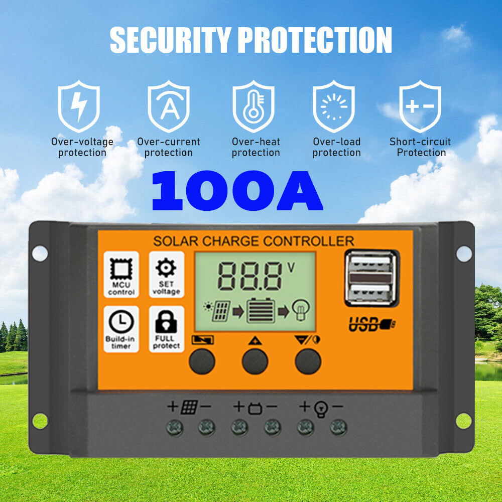100A LCD Digital Combo Panel Display 12/24V PWM Charge Controller Fast Ship