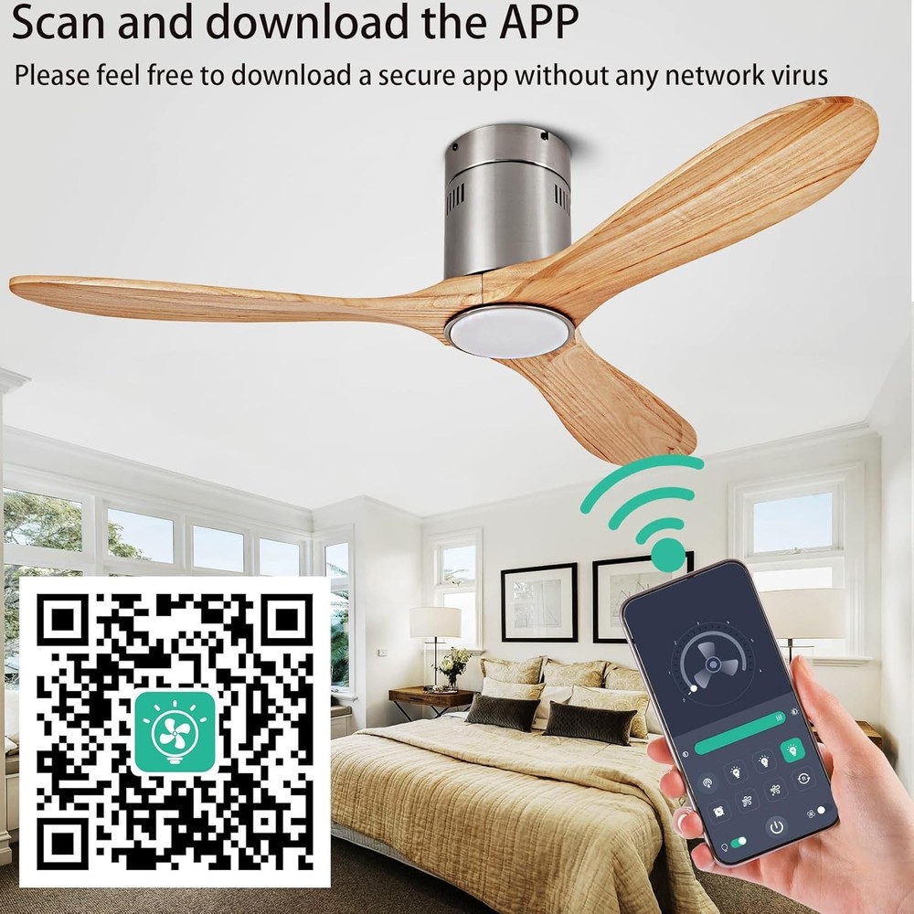 52” Ceiling Fan with Light with 6 Speed Remote/APP Control, Solid Wood Fan