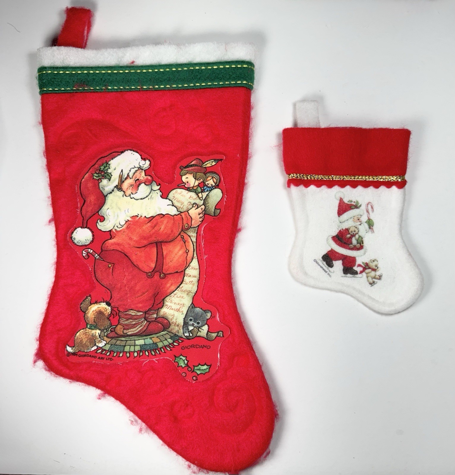 Vintage 1984 Giordano Santa Claus Puppy Kitten 13" & Morehead 6" Stockings VG!