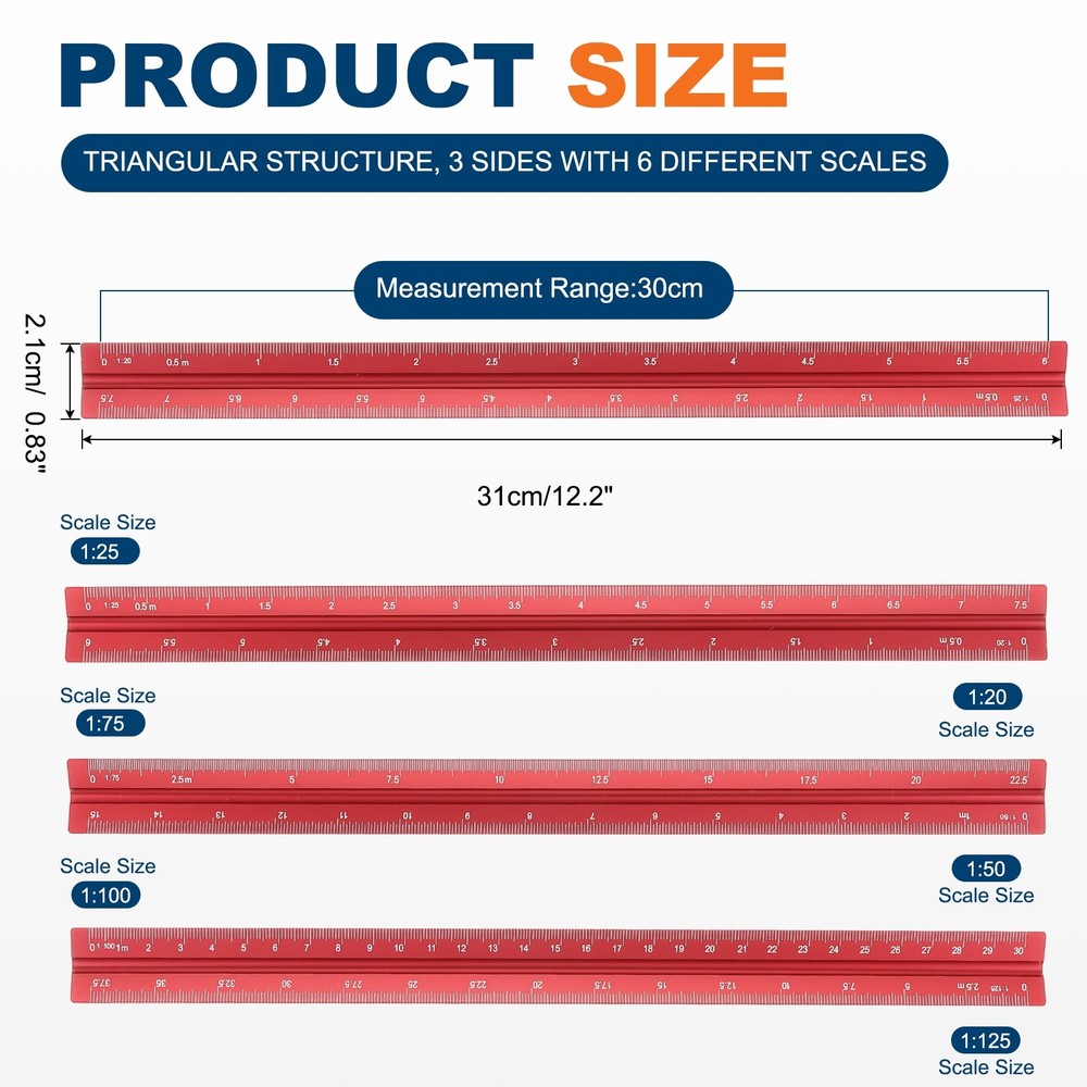 2 Pcs 12 Inch Metric Architectural Triangular Scale Ruler Small Scale, Red