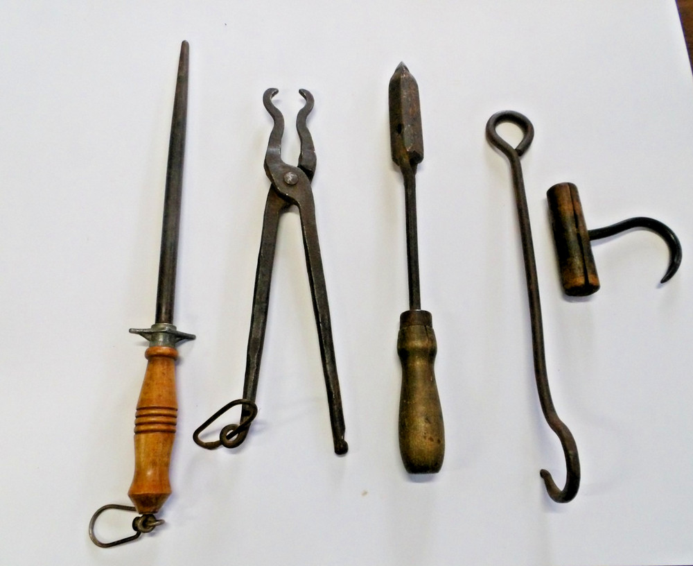 Antique Blacksmith Tools, Hooks, Knife Sharpener, Etc