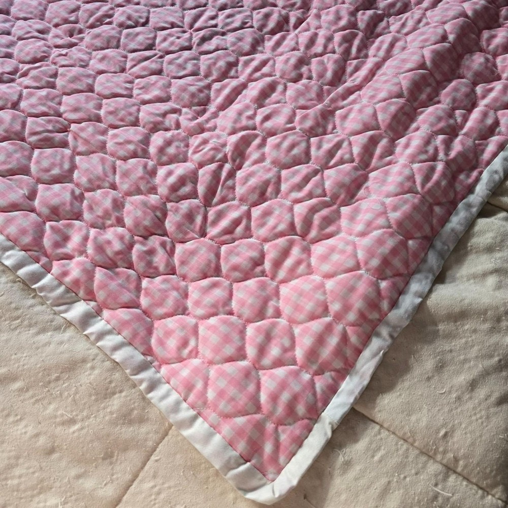 Handmade Child Tie Quilt 43"x39" Patchwork Square Blanket Pink Gingham Back