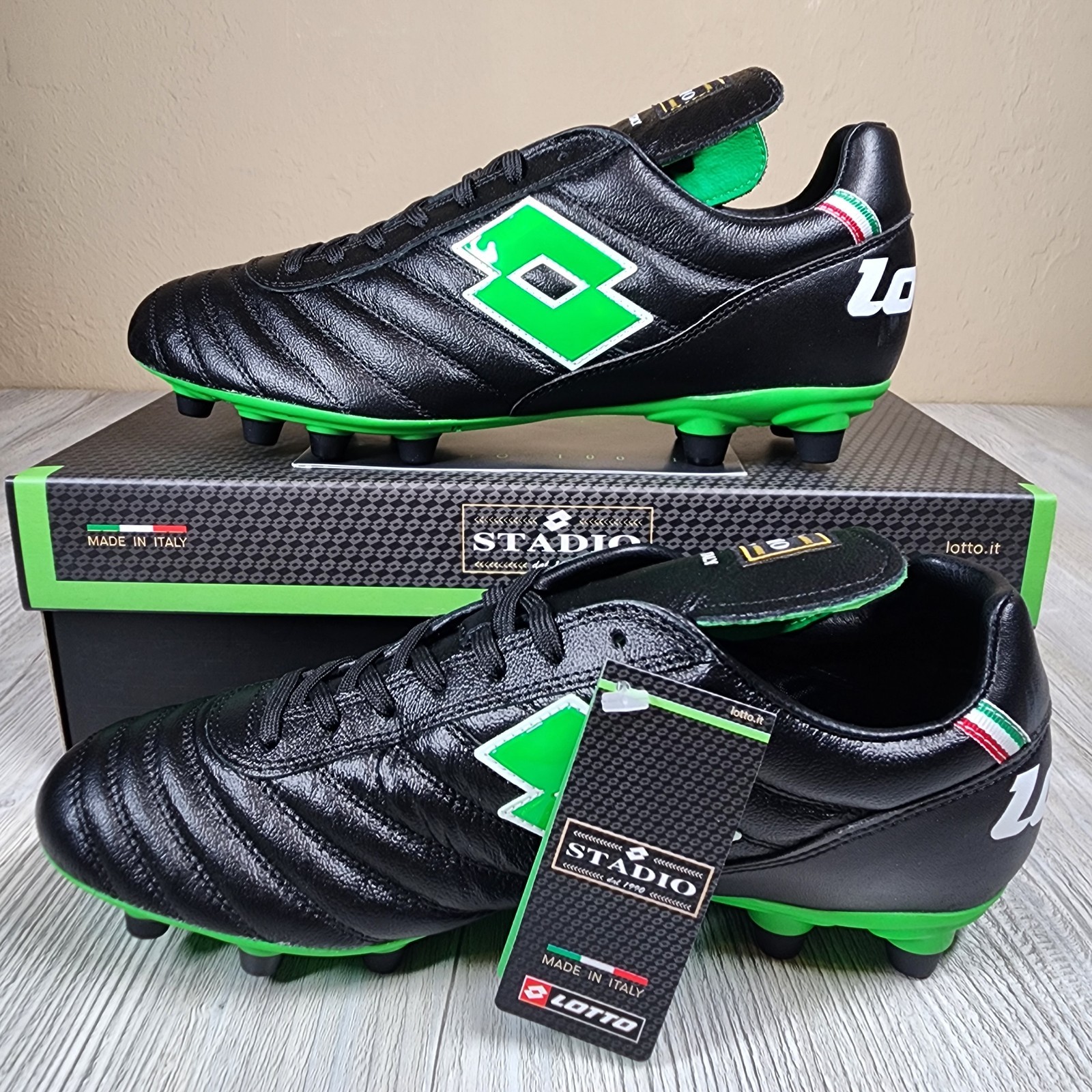 Lotto Stadio OG II FG Soccer Black/Green Mens Sizes 6.5-12 New Made In Italy