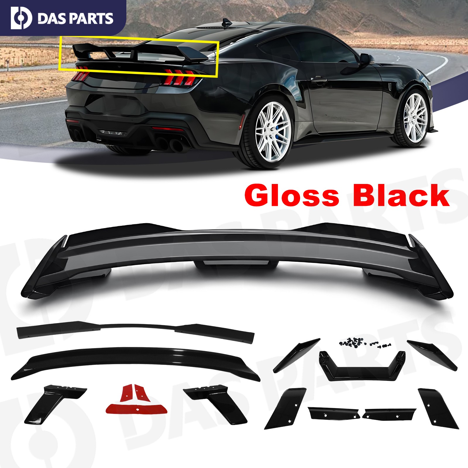 Gloss Black Spoiler Wing W/Gurney Flap DH Performance For 2024 2025 Ford Mustang