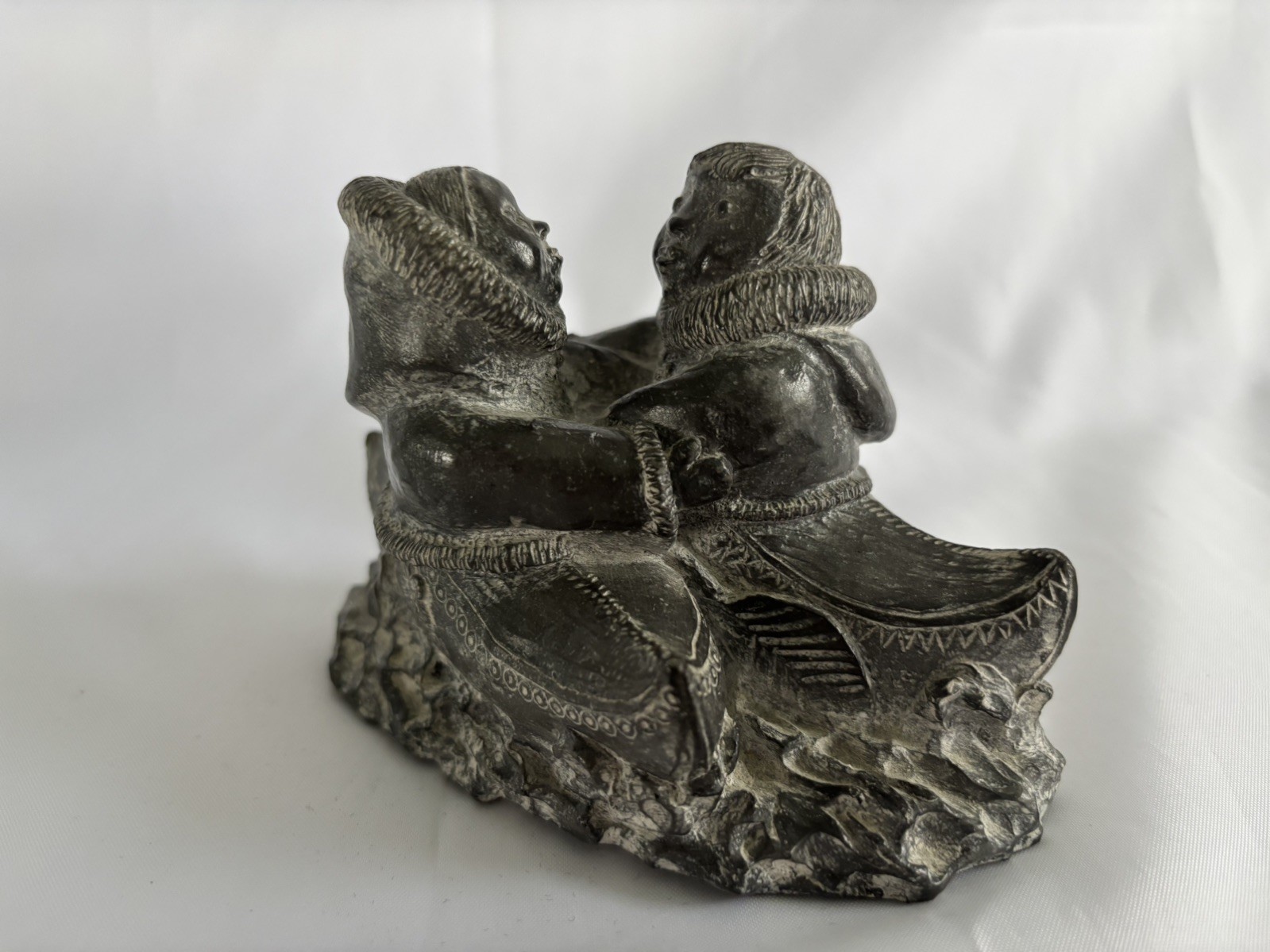 A Wolf Original Soap Stone Sculpture Inuit Man and Woman Canoes 5” Figurine