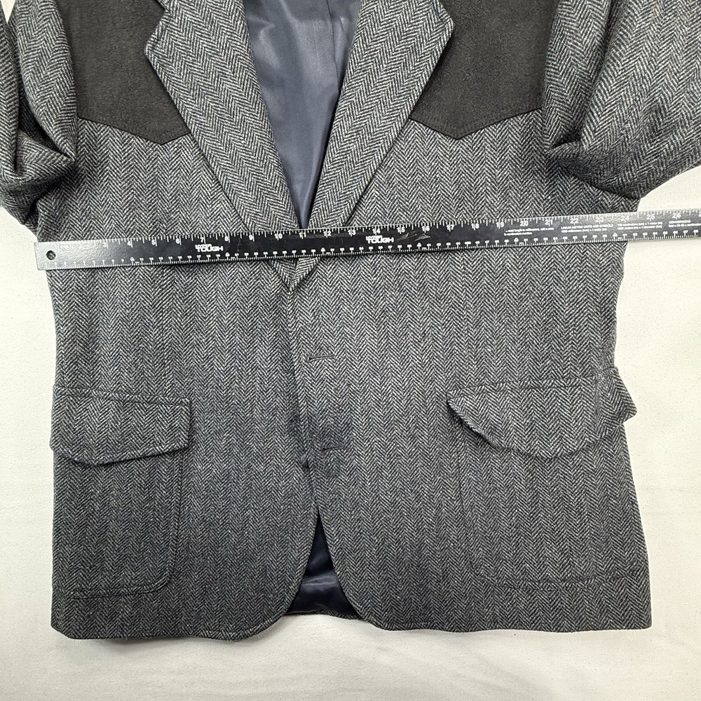 Pendleton Western Blazer Jacket 100% Wool Tweed Gray Herringbone Suede Size 48