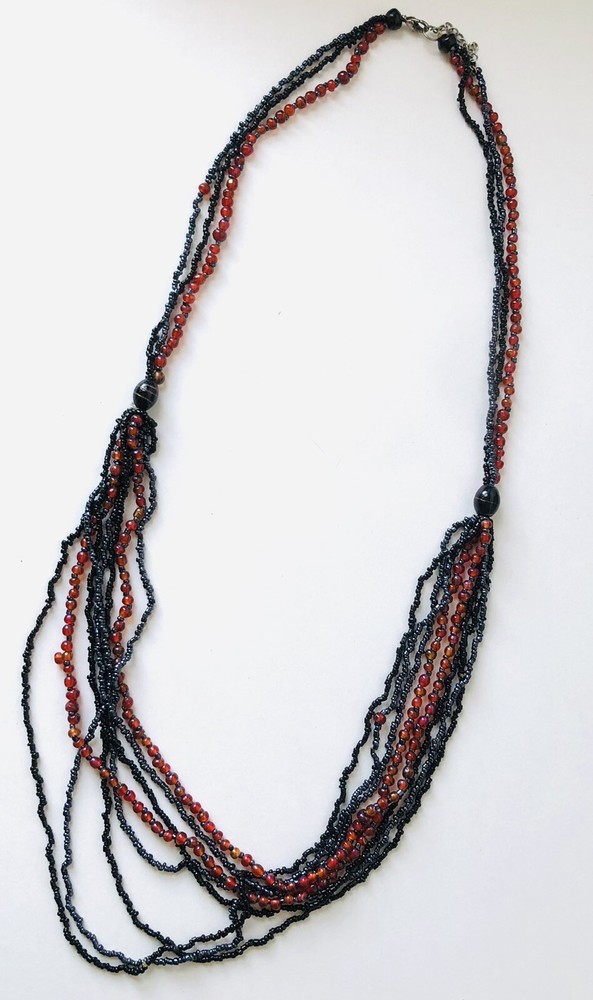 Red & Black Multiple Strand Necklace  Seed Beads  35”