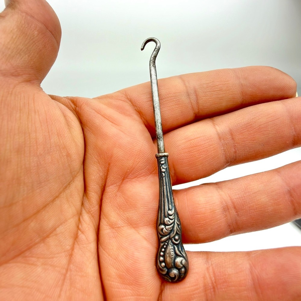 Antique Sterling Silver Button Hook Ornate Floral Scroll Handle Tool