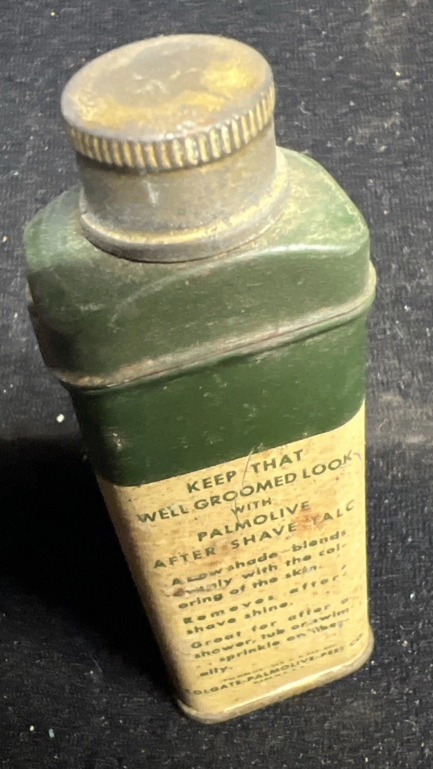 VTG 1950s PALMOLIVE after shave talc ADVERTISING TIN Green Medical Can Tin