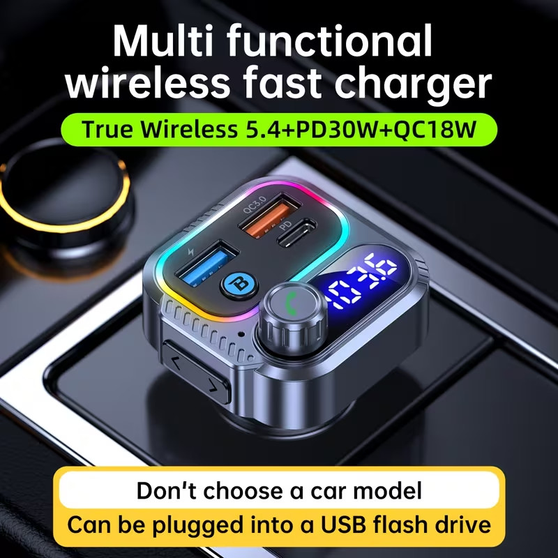 Bluetooth 5.4 FM Transmitter PD 30W USB-C Car Charger QC3.0 Hands-Free HiFi Bass
