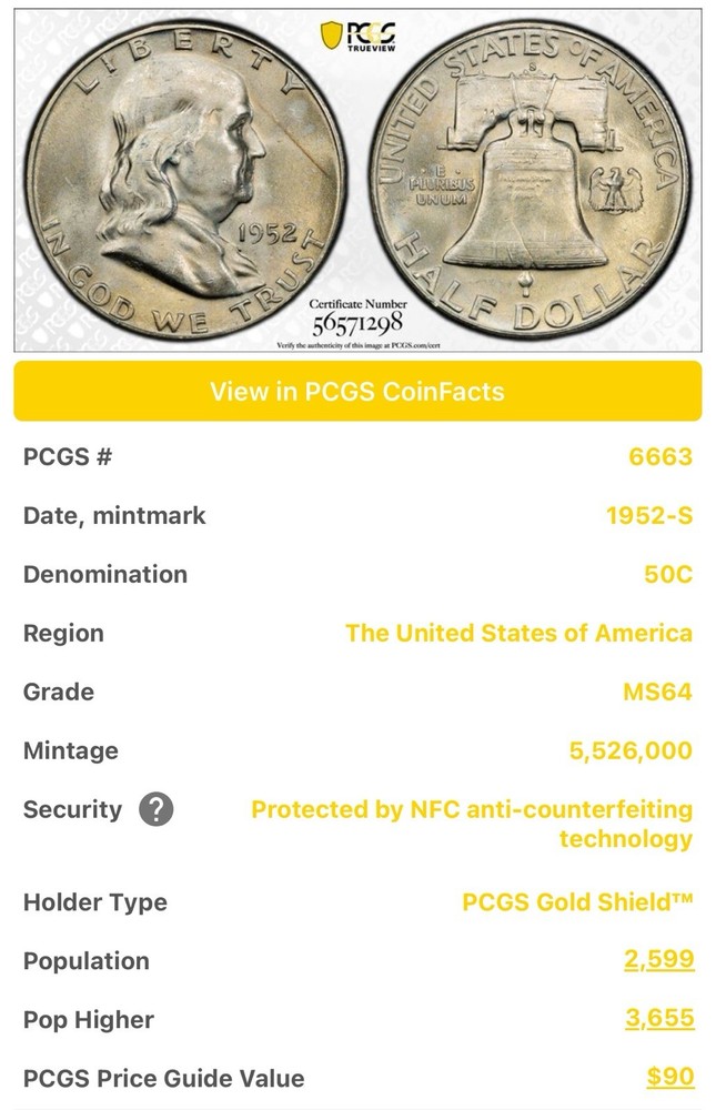 1952-S Franklin Half Dollar PCGS MS64